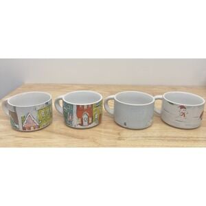 Set of 4 PIER 1 Christmas Stackable Stoneware Mugs Village scene Vintage‎ #25